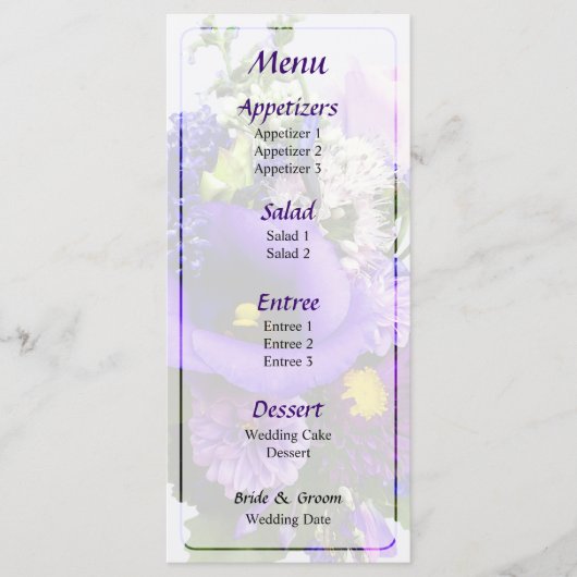 Paarse Bouquet W Lilies & Delphinium Wedding Menu (Voorkant)