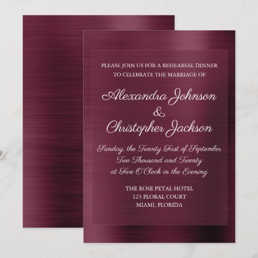 Paarse Bourgogne Elegant repetitiediner Kaart (Voorkant / Achterkant)