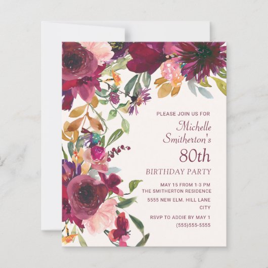 Paarse Bourgogne Floral 80ste verjaardag BEGROTING (Voorkant)