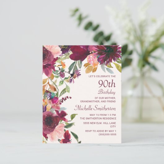 Paarse Bourgogne Floral 90ste verjaardag grootmoed (Staand voorkant)