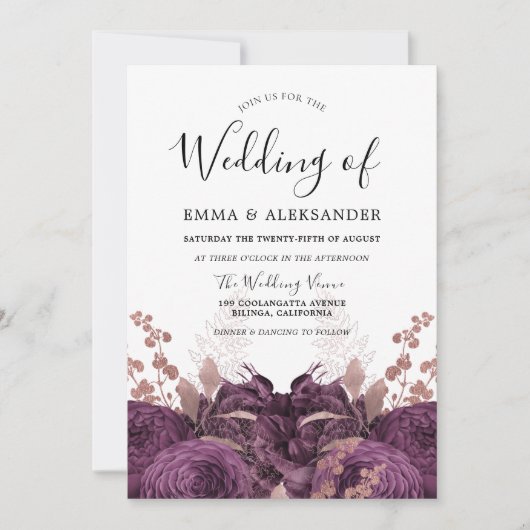 Paarse Bourgogne Floral Elegant Wedding Kaart (Voorkant)