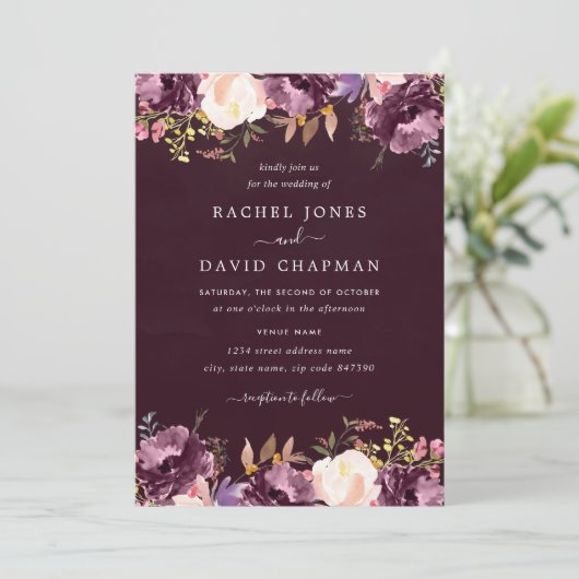 Paarse Bourgogne Waterverf Bloemen Bloom Wedding Kaart (Staand voorkant)