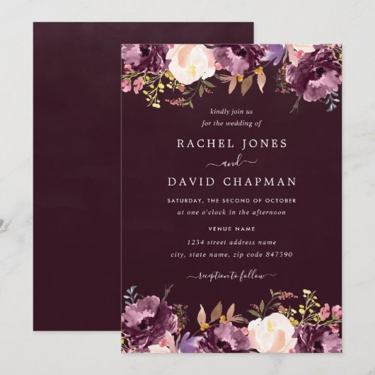 Paarse Bourgogne Waterverf Bloemen Bloom Wedding Kaart (Voorkant / Achterkant)