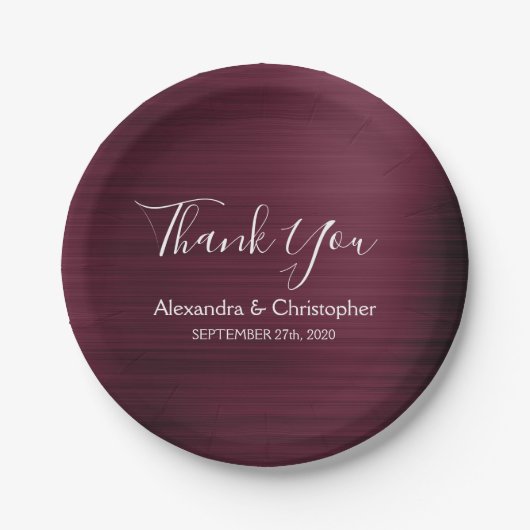 Paarse Bourgondische bruiloft Dank u Papieren Bordje (Voorkant)