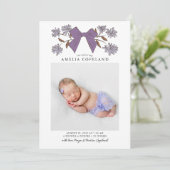 Paarse Bow Baby Foto Geboorteaankondiging Aankondiging (Staand voorkant)