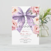 Paarse Bow Baby in Bloom Baby shower Pink Peony Kaart (Staand voorkant)