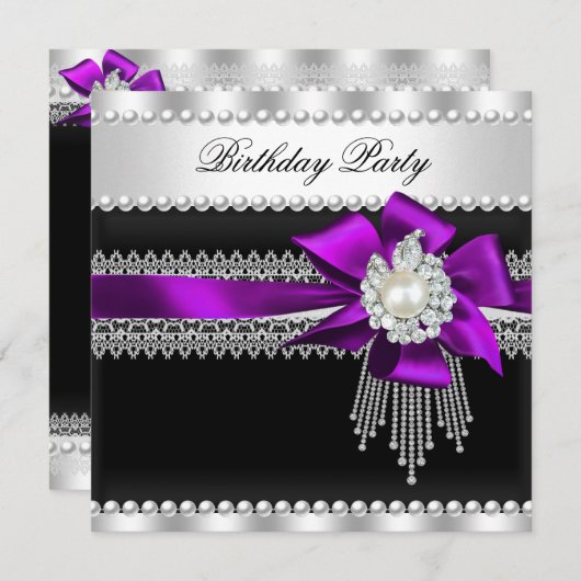 Paarse Bow Black Pearl Pearl Birthday Kaart (Voorkant / Achterkant)