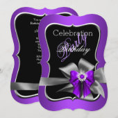 Paarse Bow Black Silver Birthday Kaart (Voorkant / Achterkant)