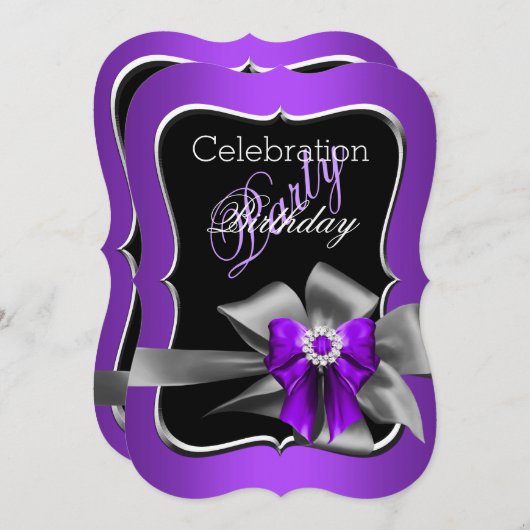 Paarse Bow Black Silver Birthday Kaart (Voorkant / Achterkant)