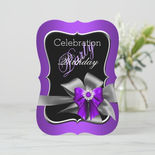 Paarse Bow Black Silver Birthday Kaart (Staand voorkant)