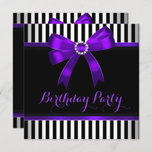 Paarse Bow Black White Striged Birthday Party Kaart (Voorkant / Achterkant)