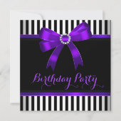 Paarse Bow Black White Striged Birthday Party Kaart (Voorkant)