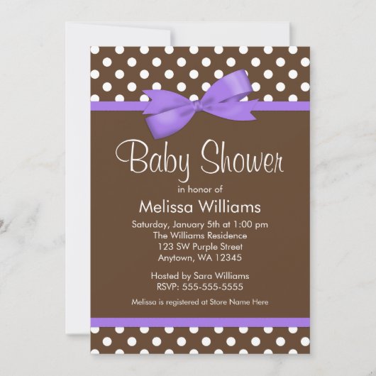 Paarse Bow Brown Polka Dot Baby Shower Invitaties Kaart (Voorkant)
