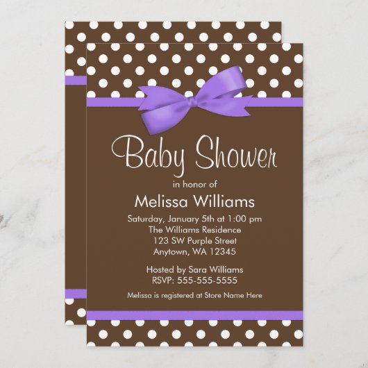 Paarse Bow Brown Polka Dot Baby Shower Invitaties Kaart (Voorkant / Achterkant)