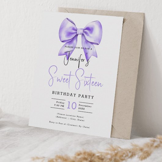 Paarse Bow Coquette Schattige Script Sweet 16 Kaart