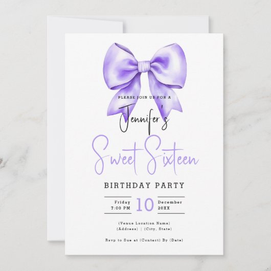 Paarse Bow Coquette Schattige Script Sweet 16 Kaart (Voorkant)