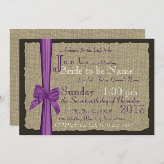 Paarse Bow en Burlap Vrijgezellenfeest Kaart (Voorkant / Achterkant)