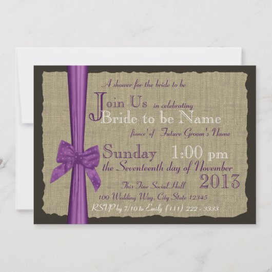 Paarse Bow en Burlap Vrijgezellenfeest Kaart (Voorkant)