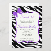 Paarse Bow en Zebra Sweet 16 uitnodiging van 16 se (Voorkant / Achterkant)
