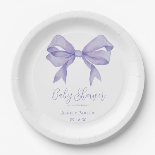 Paarse Bow Girl Baby shower Papieren Bordje (Voorkant)