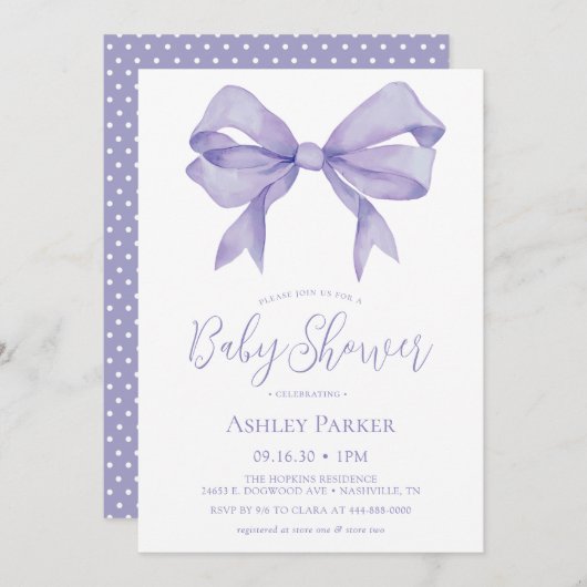 Paarse Bow Girl Baby shower Uitnodiging (Voorkant / Achterkant)