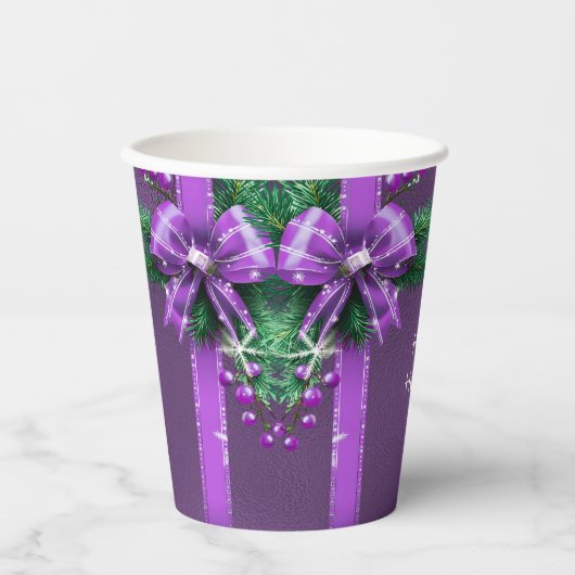 Paarse Bow Holiday Paper Cups Papieren Bekers (Voorkant)