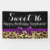 Paarse Bow Leopard Print Sweet 16 Birthday Party Spandoek (Horizontaal)