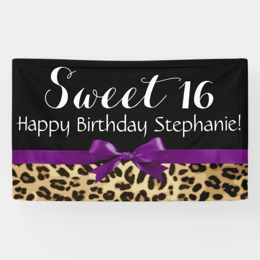 Paarse Bow Leopard Print Sweet 16 Birthday Party Spandoek (Horizontaal)