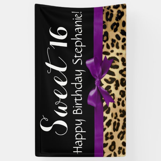 Paarse Bow Leopard Print Sweet 16 Birthday Party Spandoek (Verticaal)