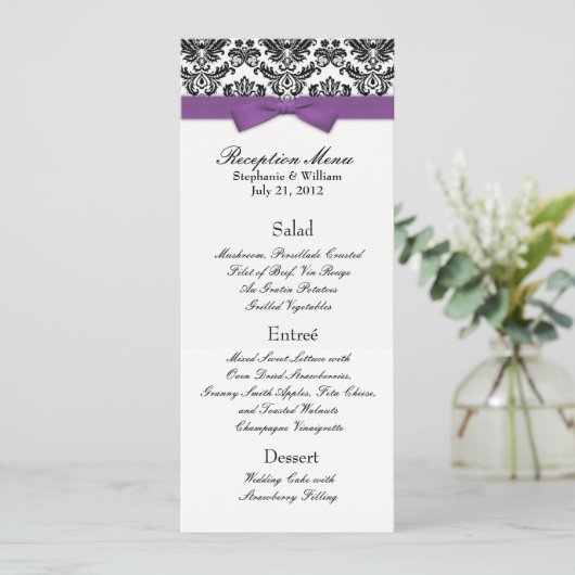 Paarse Bow met het Damask Wedding Reception Menu (Staand voorkant)