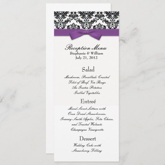 Paarse Bow met het Damask Wedding Reception Menu (Voorkant / Achterkant)