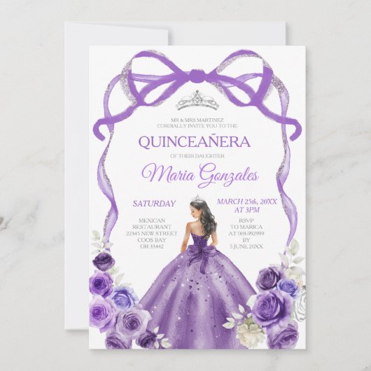 Paarse Bow Princess Silver Crown Girl Quinceañera Kaart (Voorkant)