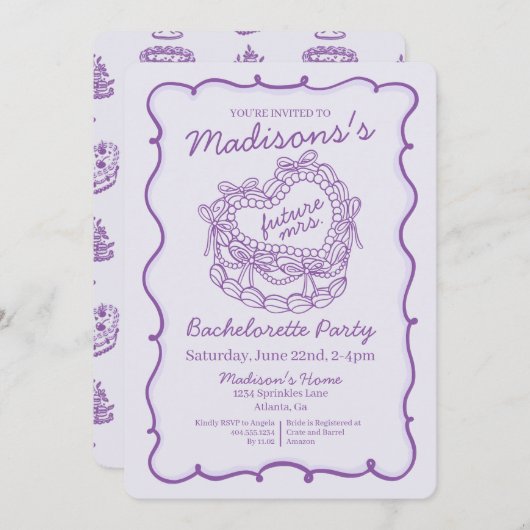 Paarse Bow Retro Hart Coquette Cake Bachelorette Kaart (Voorkant / Achterkant)