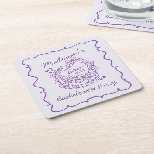 Paarse Bow Retro Hart Coquette Cake Bachelorette Kartonnen Onderzetters (Schuin)