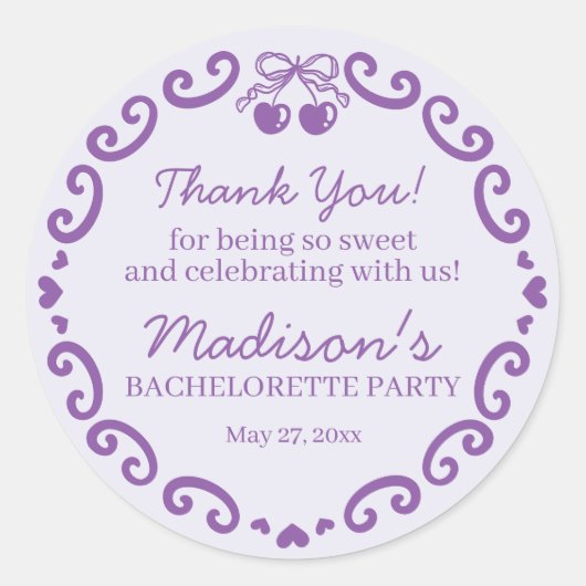 Paarse Bow Retro Hart Coquette Cake Bachelorette Ronde Sticker (Voorkant)