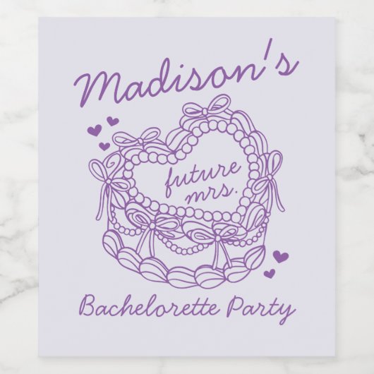Paarse Bow Retro Hart Coquette Cake Bachelorette Wijn Etiket (Enkel label)