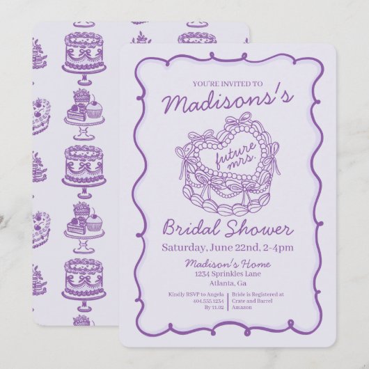 Paarse Bow Retro Hart Coquette Cake Vrijgezellenfe Kaart (Voorkant / Achterkant)