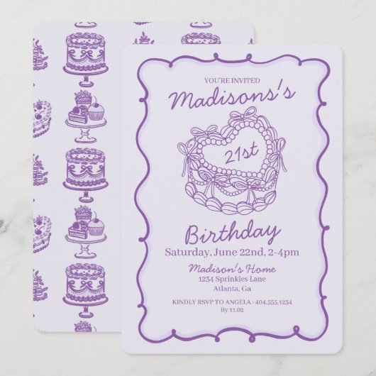 Paarse Bow Retro Hart Coquette Taart 21e Verjaarda Kaart (Voorkant / Achterkant)