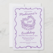 Paarse Bow Retro Hart Coquette Taart 21e Verjaarda Kaart (Voorkant)