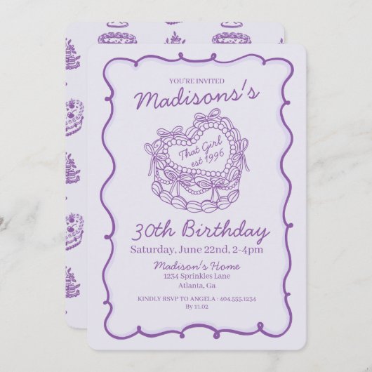 Paarse Bow Retro Hart Coquette Taart Verjaardag Kaart (Voorkant / Achterkant)