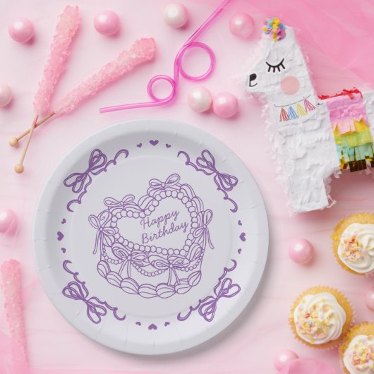 Paarse Bow Retro Hart Coquette Taart Verjaardag Papieren Bordje (Feest)