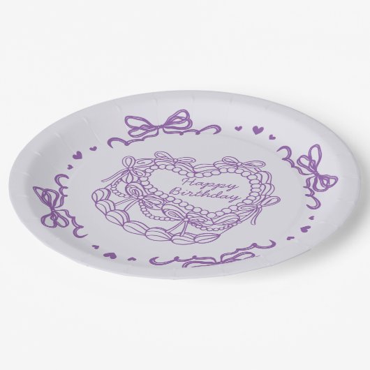 Paarse Bow Retro Hart Coquette Taart Verjaardag Papieren Bordje (Gekanteld)