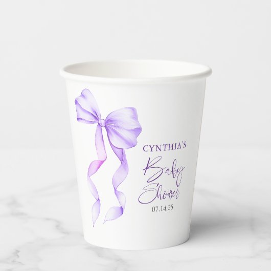 Paarse Bow Ribbon Baby shower Papieren Bekers (Achterkant)
