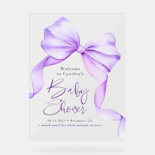 Paarse Bow Ribbon Baby shower Welkom Acryl Bord (Voorkant)
