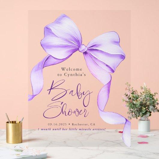 Paarse Bow Ribbon Baby shower Welkom Acryl Bord (Huwelijk)