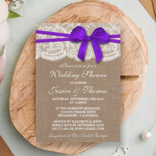 Paarse bow Rustic Burlap & Lace Wedding Shower Kaart