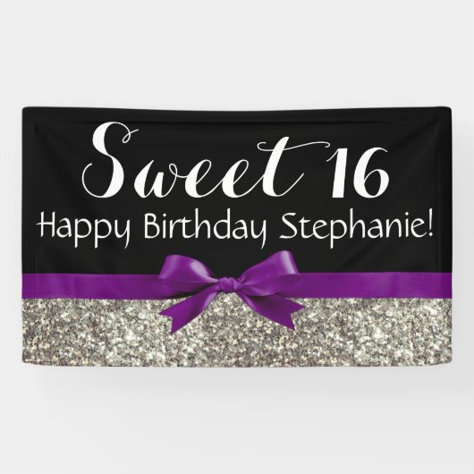 Paarse Bow Silver Glitter Sweet 16 Birthday Party Spandoek (Horizontaal)