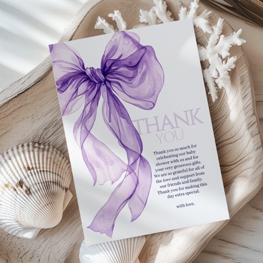 Paarse Bow Waterverf Baby in Bloom Baby shower Bedankkaart