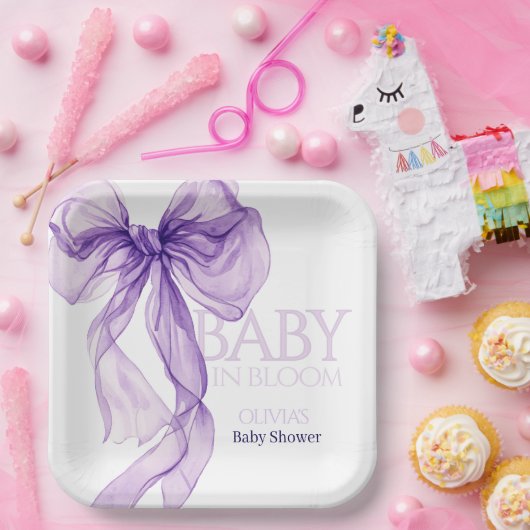 Paarse Bow Waterverf Baby in Bloom Baby shower Papieren Bordje (Feest)