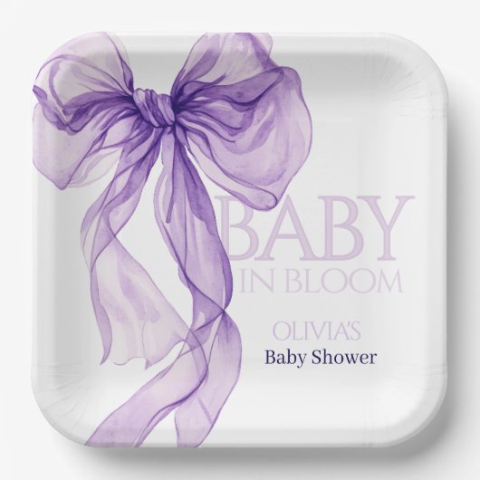 Paarse Bow Waterverf Baby in Bloom Baby shower Papieren Bordje (Voorkant)